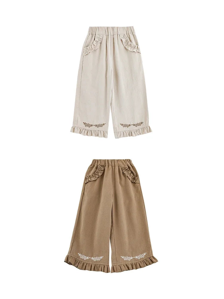 Girls' Two-color Embroidered Straight Leg Pants Autumn Playful Cute Lace  Pockets Casual Pants Trendy