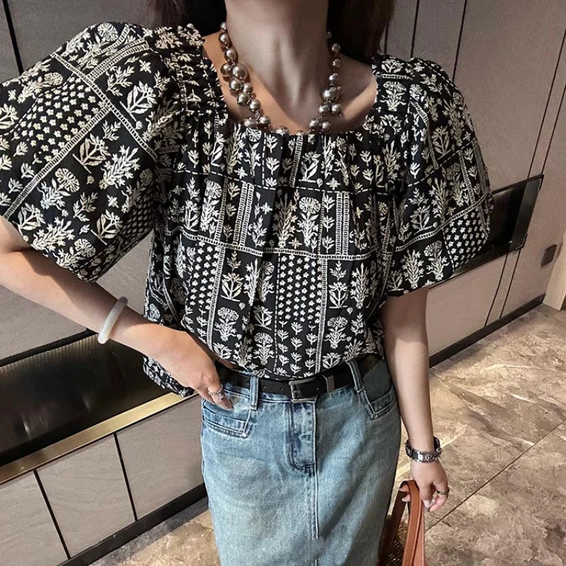 Square Neck Puff Sleeve Patterned Off-shoulder Cropped Women's Top 2024 Spring/Summer Vacation Blouse  Petite Women's Clothing clothes