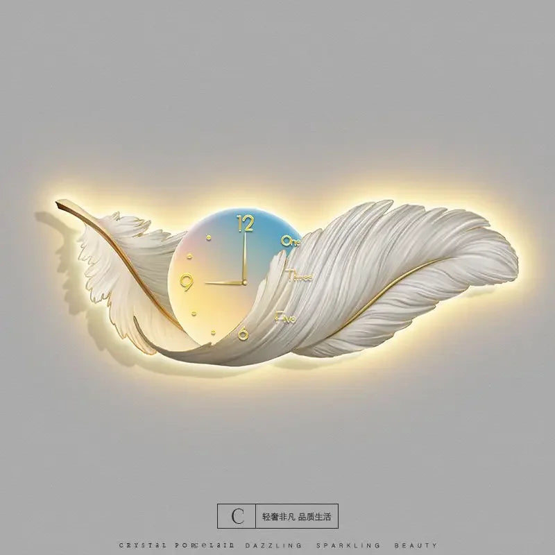 LED Wall Clock Light Luxury Large Art Clocks Living Room Decor Painting Wall Watch Feather Silent Clock Renoj Home Decoration