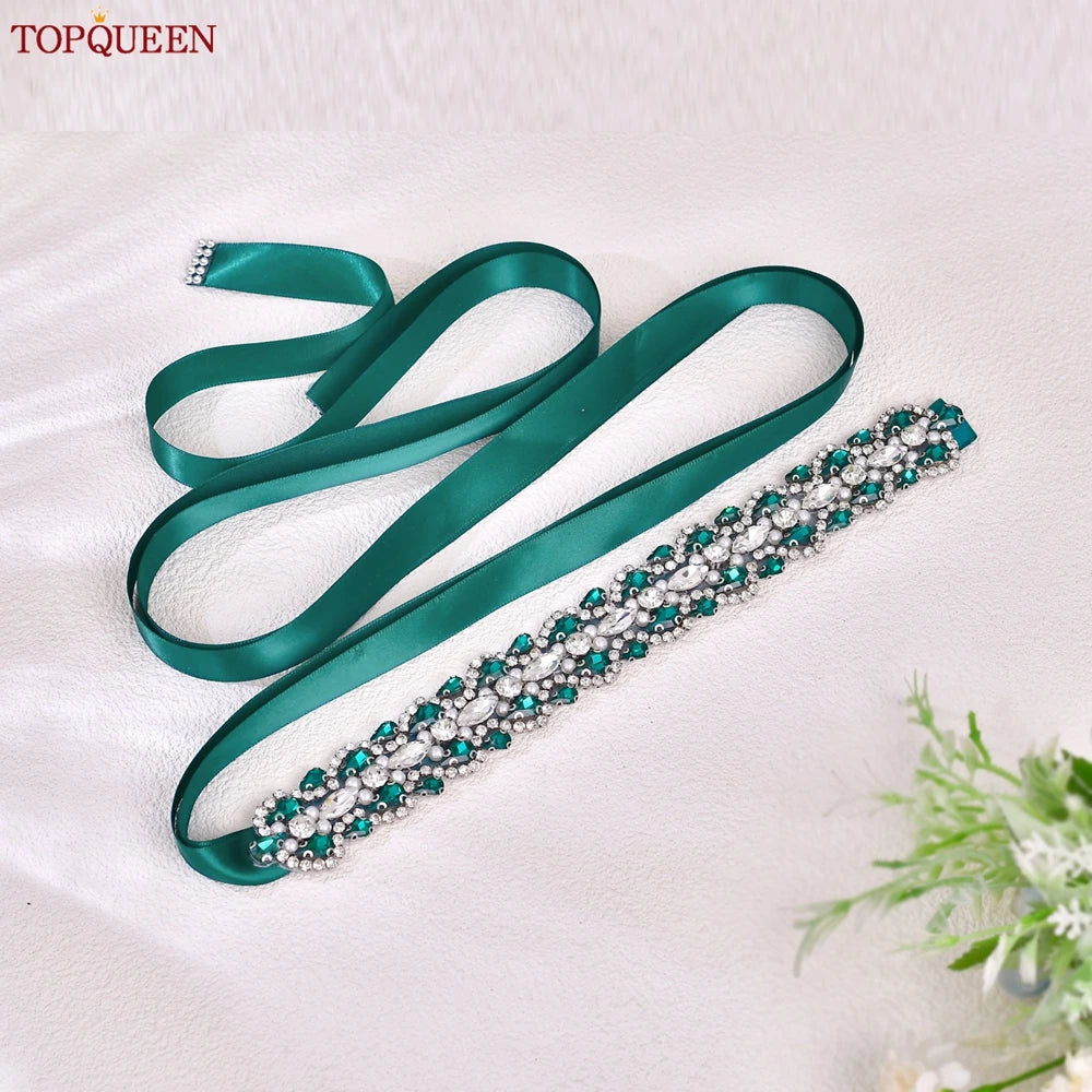 TOPQUEEN Luxury New Bridal Belt Wedding Supplies Dinner Dress Waist Decoration Green Bridesmaid Sash Accessories S466-D