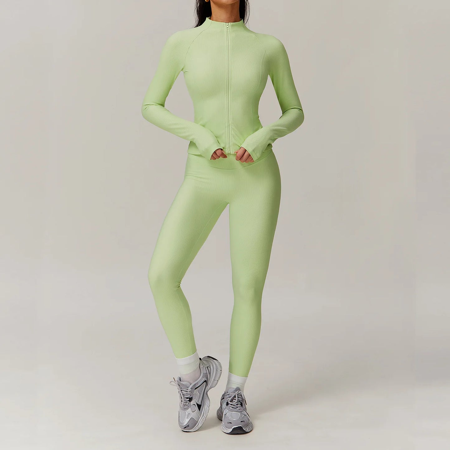 White 2PCS Women Yoga Set Workout Tracksuits Sportswear Gym Clothing Fitness Long Sleeve Jacket Waist Leggings Sports Suit