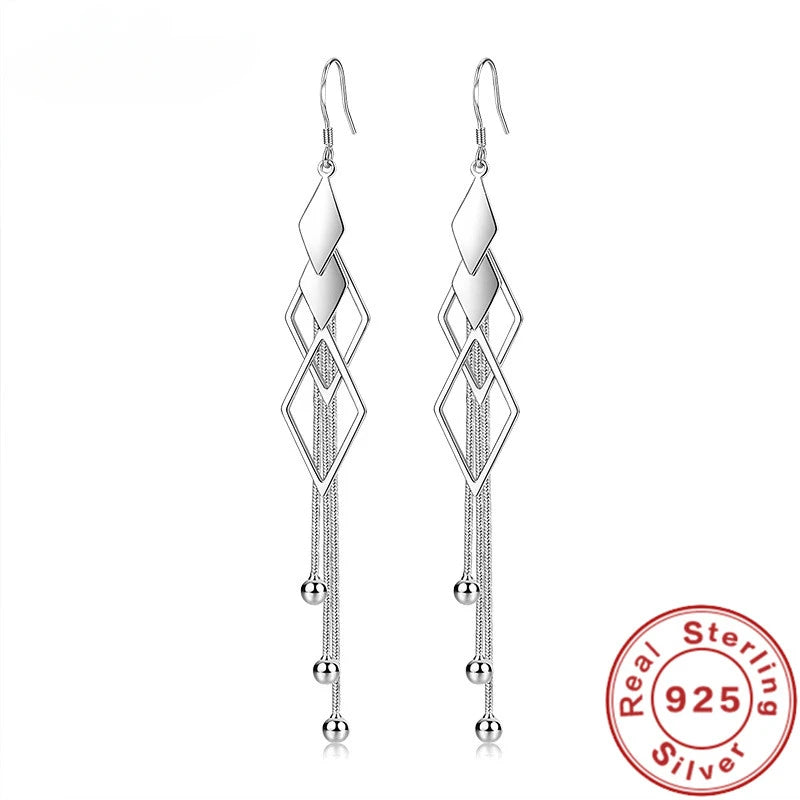 Fashion 925 Sterling Silver Long Earrings Diamond-Shaped Geometric Earrings For Women'S Wedding Charm Jewelry Gifts