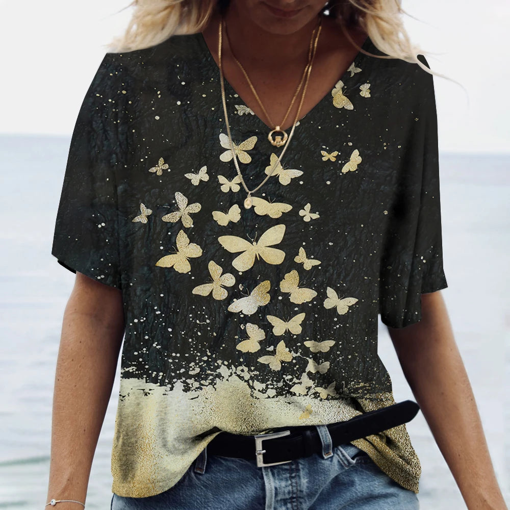 Butterfly Printed Women's T-Shirt clothes 3D V-Neck Cotton Fashion Short Sleeve Tops 2025 Casual Basic Girl's Clothing Harajuku Clothes