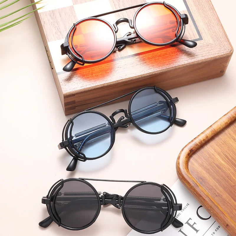 Classic Gothic Steampunk Sunglasses Double Spring Leg Glasses Men's Brand Designer Round Punk Eyewear Women UV400 Protection