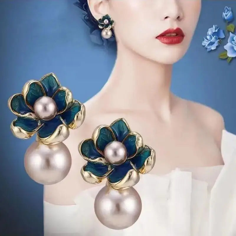 925 Silver Needle Korean Vintage Oil Painting Pearl Flower Earrings For Women Jewelry 2024 Trending New Luxury Women's Earrings