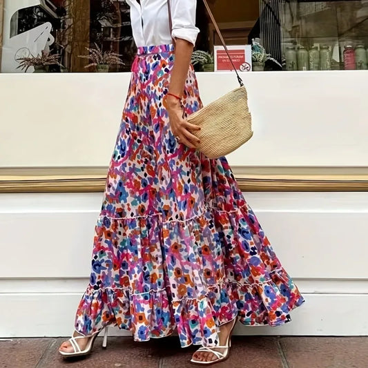 Long Floral Printing Skirt Lady 2025 Summer Autumn Loose Casual Skirt Fashion Elastic Waist Beach Commuting Skirts Women Clothes