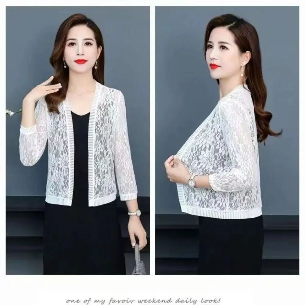Summer Tie Up Women's Cardigan Breathable Beach Air-Conditioning Shirt Floral Lace Sun Protection Clothing Women