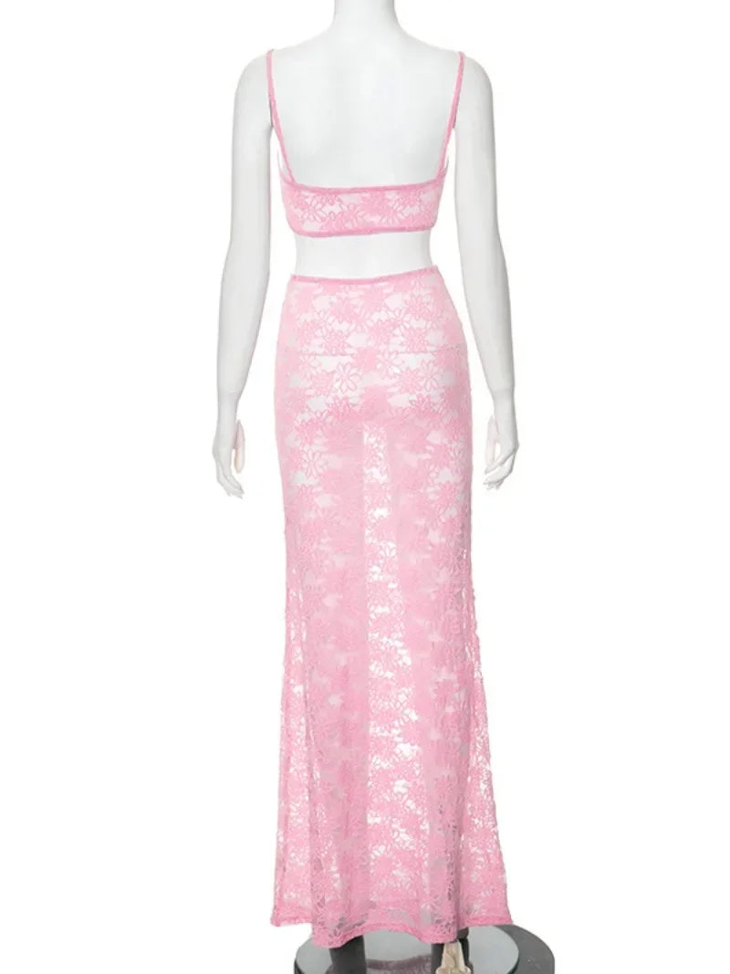 Women's Lace Two Piece Matching Sets Super-short Camisoles Long Skirts Hollow Out Pink Dresses Suit Party Evening Outfit White