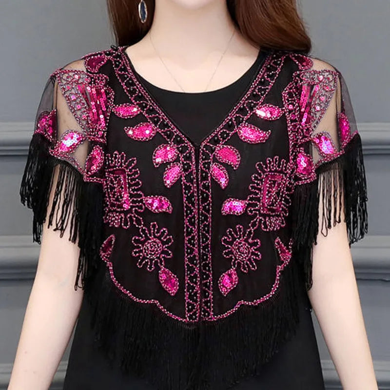 Bling Tassels Blouse Shirt Women Summer Sequin Casual Tops Evening Shawl Wraps Mujer Poncho Shirt Party Club Clothing