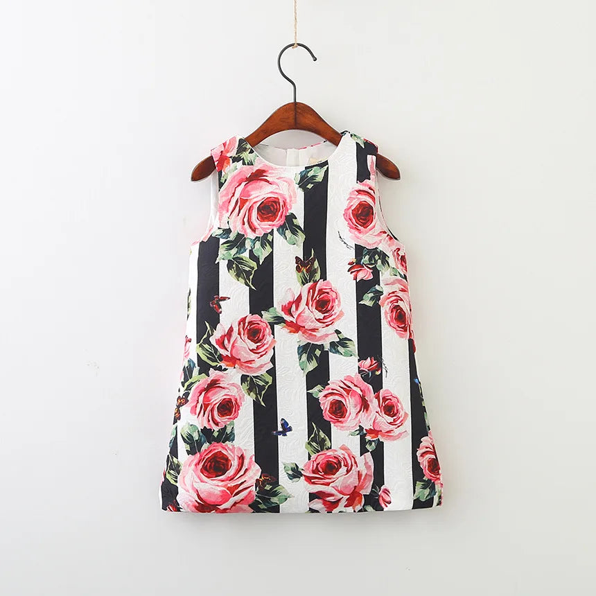 Rose Print Sleeveless Girls Summer Dresses