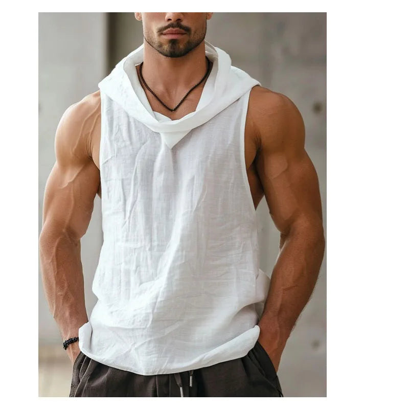 Summer Cotton and Linen Men's Sleeveless Tee Vintage Casual Men's Sleeveless Shirt Sport Sleeveless T-shirt Top Men's Tank Top