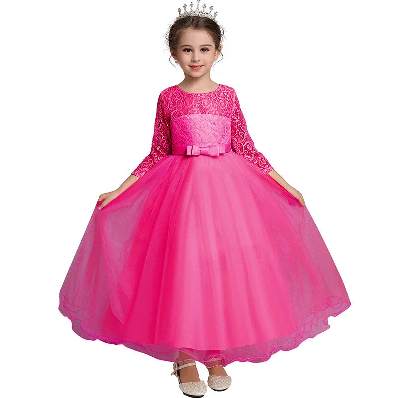 Girls Lace Embroidered Bow Princess Dress Long Sleeve Tulle Gown For Toddler First Communion Bridesmaid Wedding Birthday Party