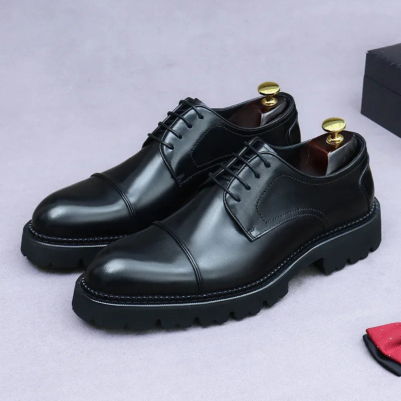 Retro Mens Dress Shoes Luxury Genuine Leather Platform 2025 British Trend Handmade Quality Comfortable Wedding Social Shoes Man