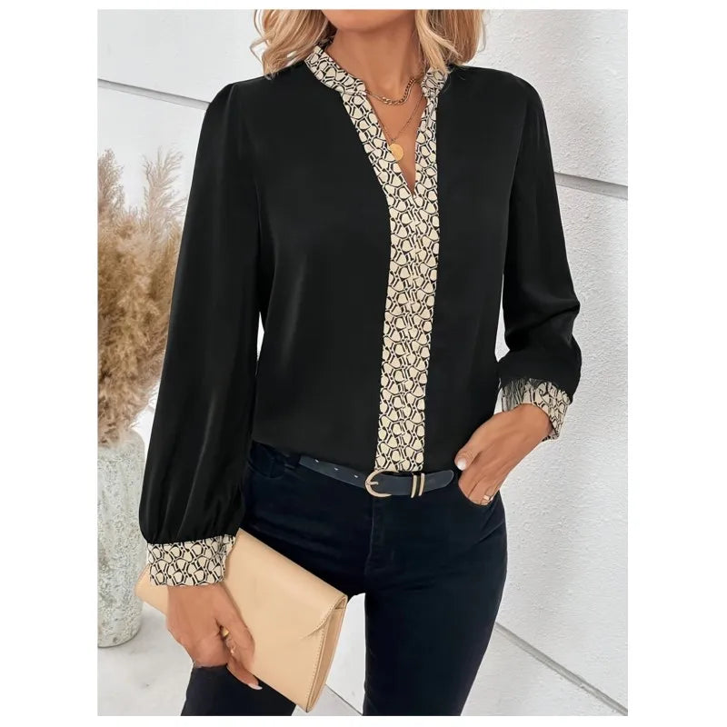2025 New Chic Women Blouse Fashion Print Long Sleeve Tops V Neck Pulover Elegant Women's Clothing Office Clothes For Ladies Hot