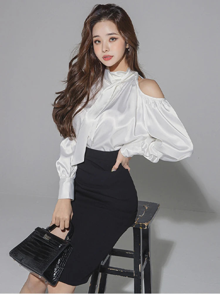 Spring Autumn Korean 2 Piece Set Elegant Casual White Satin Loose Hollow Shirt Tops High Waist Slit Midi Skirt Women Lady Outfit