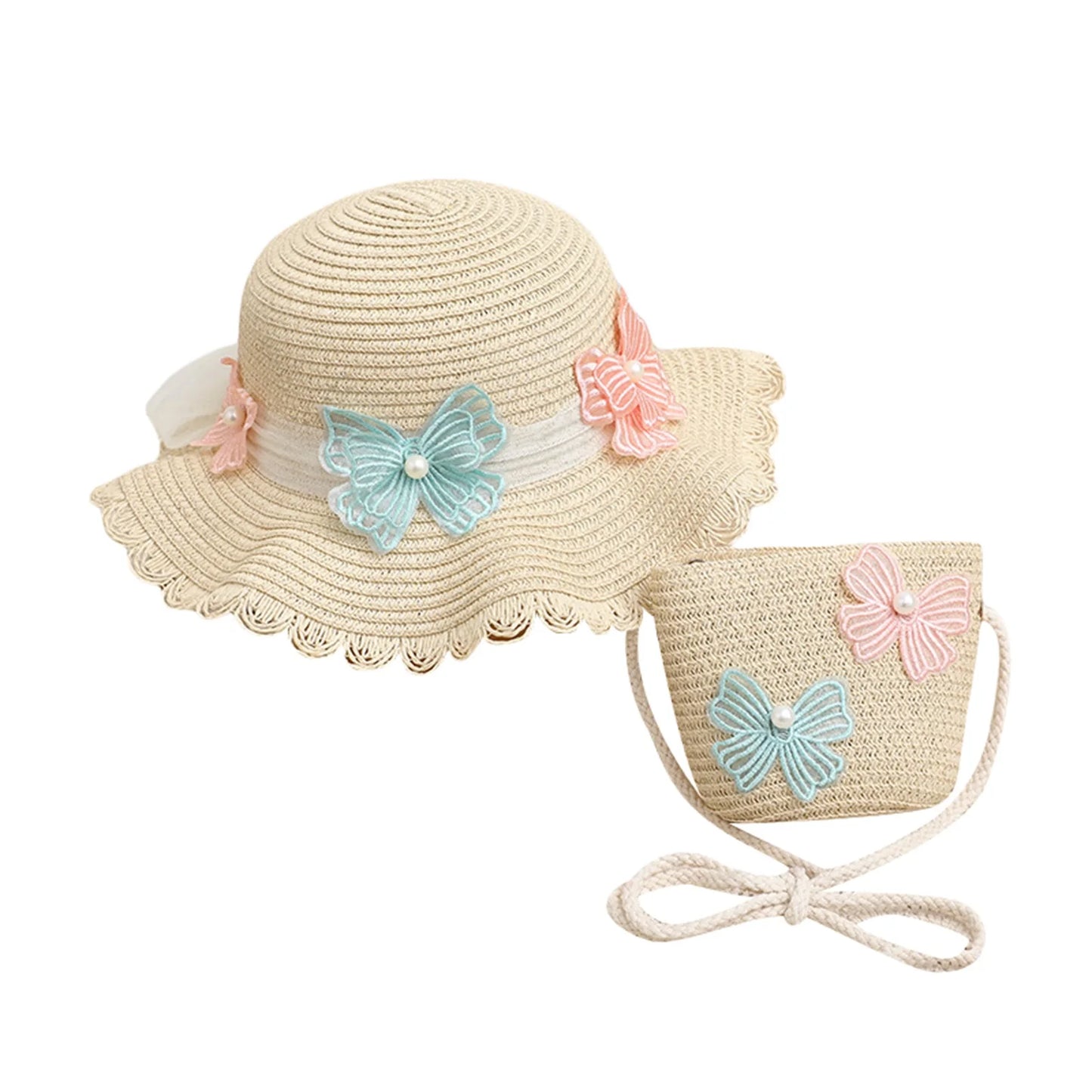 2pcs Set Girls Summer Straw Sun Hat Kids Summer Protection Wide Brim Reversible Bow Hats with Crossbody Bag Outdoor Acceessories