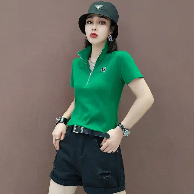 T-shirt Woman Short Sleeve Tee Clothing Green Polo Neck Shirts for Women Tops White Korean Style Polyester Luxury High Quality V clothes