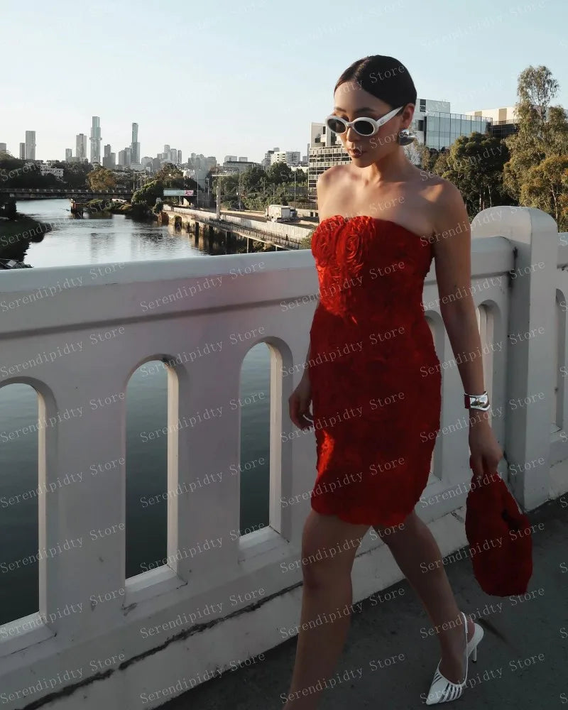 Strapless Red Mini Length Flowers Dress Straight Bodycon Party Dresses Custom Made 2024 New Fashion Gown Plus Size Floral Gowns