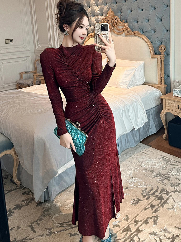 Women‘s Fashion Elegant Birthday Party Dress Female Clothing Glitter Bright Sequin Slit Folds Fishtail Robe Evening Prom Vestido