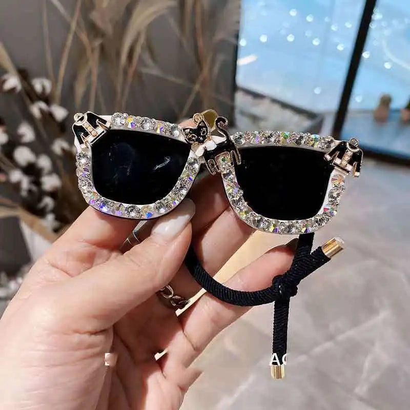 Black Sunglasses Shape Elastic Hair Bands Pins for Women Crystal Rhinestone Hairband Hair Clips Rope Tie Girls Hair Accesorios