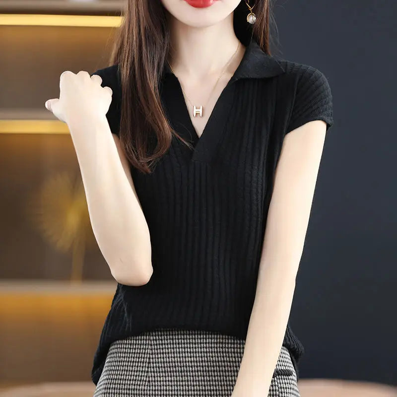 T Shirt Youth Top Petite Knitted Wholesale Ladies Polo Neck Tee Shirts Korean Pullover Luxury High Quality Flower Good Xxl Black clothes