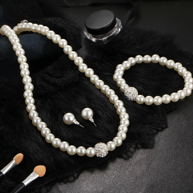 Glamorous Party Accessories Set - Necklace Earrings Ring and Bracelet Ensemble with Imitation Pearls Brides Jewelry for Women