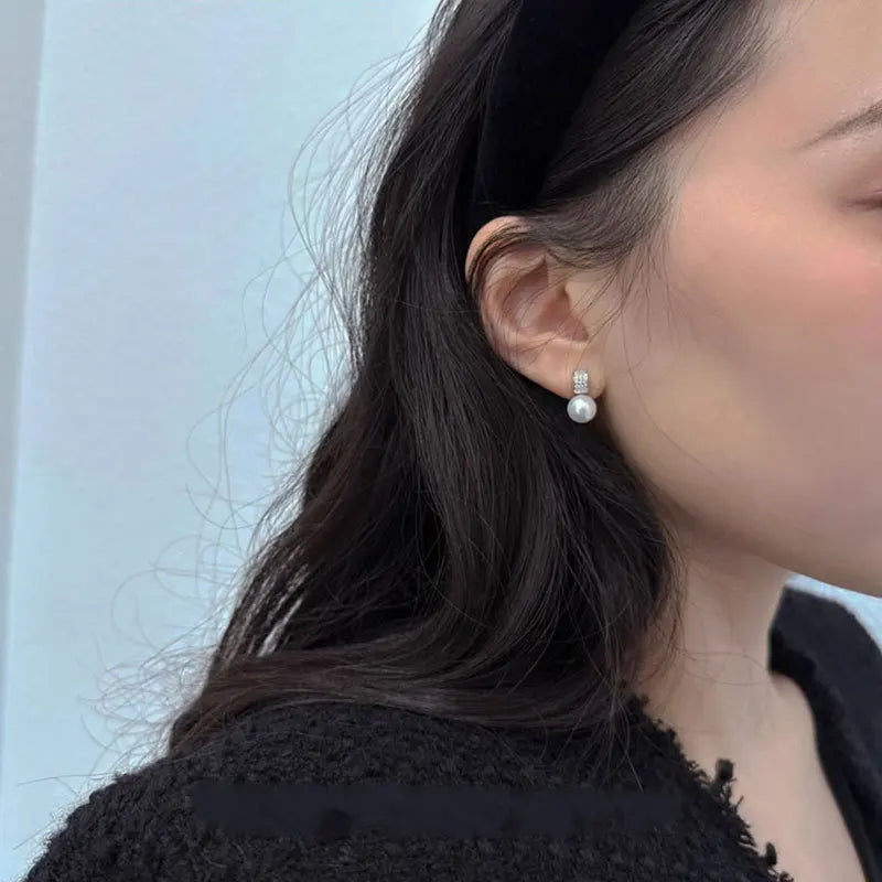 Girls 925 Sterling Silver French Temperament Geometric CZ Pearl Stud Earrings For Women Girls Wedding Party Jewelry