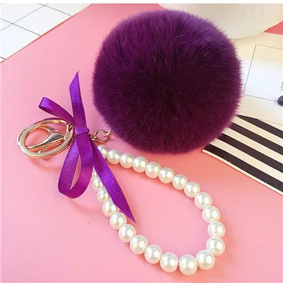 Car Women handBag Key Chain Fashion Pearl Chain Crystal Bottle Bow Pompom Keychain Fluffy Puff Ball Keychains Jewelry