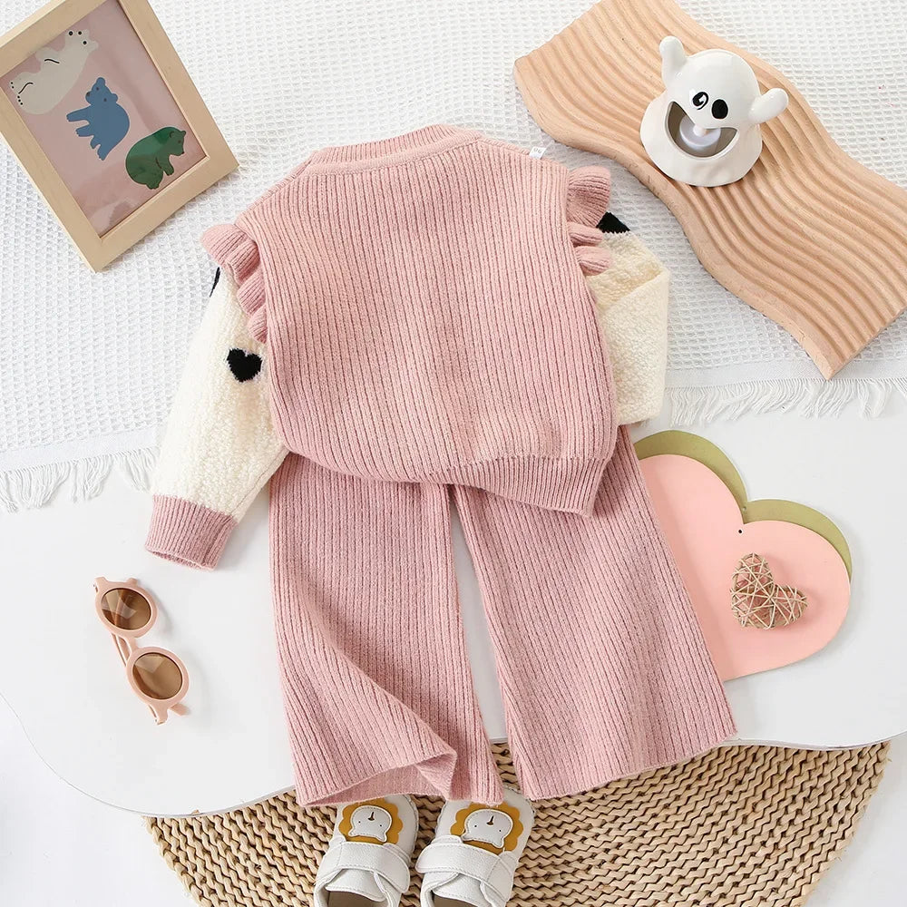 Children's Clothing Sets Love Lace Knit Top + Wide-leg Pants 2pcs Sets Knit Sweater Kids Winter Clothes Baby Girl Outfit Set