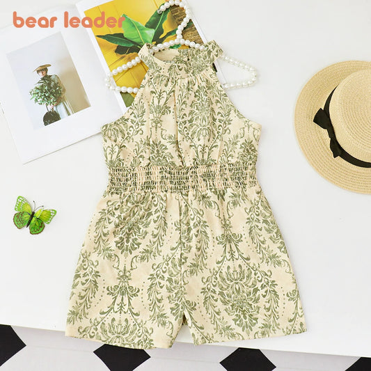 Bear Leader Summer Sleeveless Elastic Waist Girls Jumpsuits Printed Hanging Neck Rompers One Piece Sets Kids Fashion Clothes