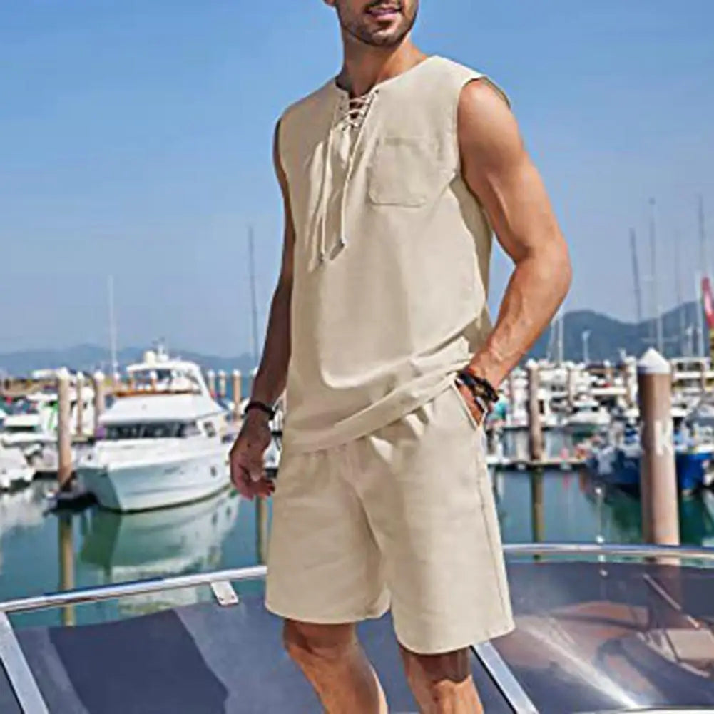 T-shirt Shorts Set Men's Sportswear Set Sleeveless V Neck Vest Elastic Waist Shorts with Patch Pockets Breathable Quick for Men mon