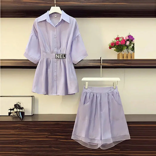 Women Suit 2025 New Summer Crop Top Fashion Korean Casual Two Piece Shorts Sets Medium Length Shirt Wide Leg Pants Party Outfits