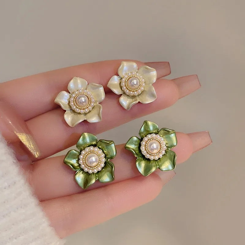 925 Silver Needle Korean Vintage Oil Painting Pearl Flower Earrings For Women Jewelry 2024 Trending New Luxury Women's Earrings