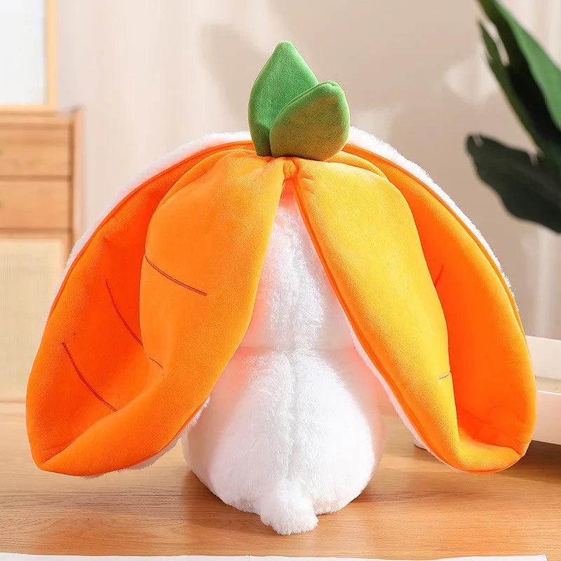 25 cm Cosplay Erdbeer-Karotten-Kaninchen-Plüschtier Ausgestopfte kreative Tasche in Obst verwandeln Baby Kuschelhase Plüschpuppe für Kinder 