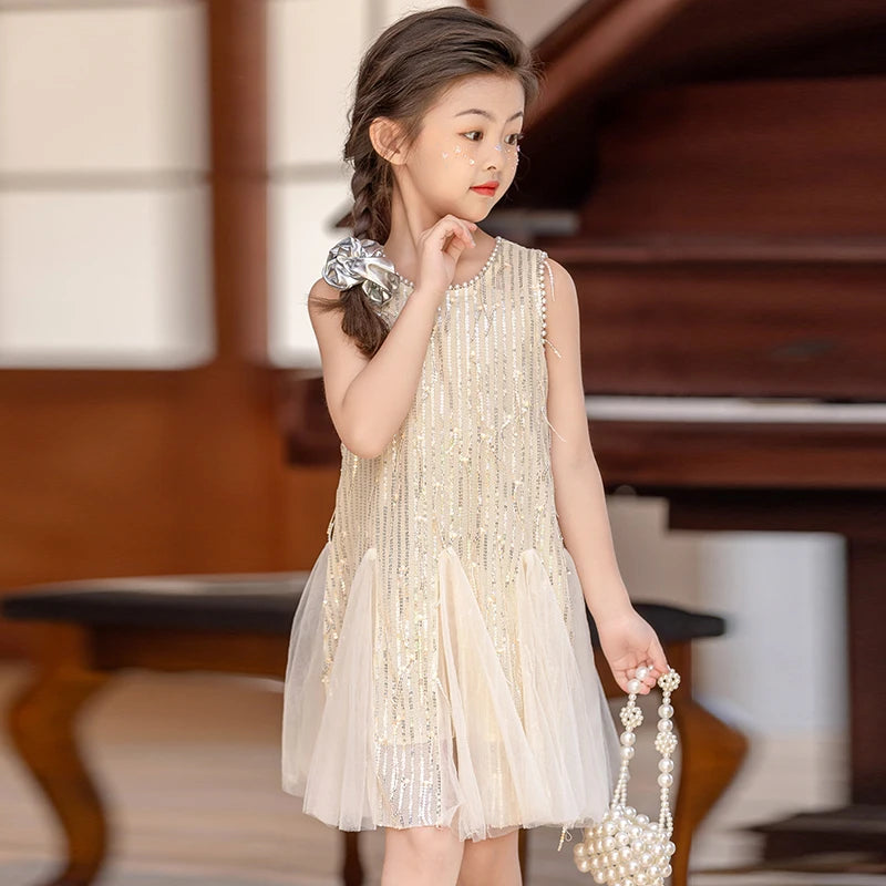 Beige girls dress Pearl tassel sequin vest