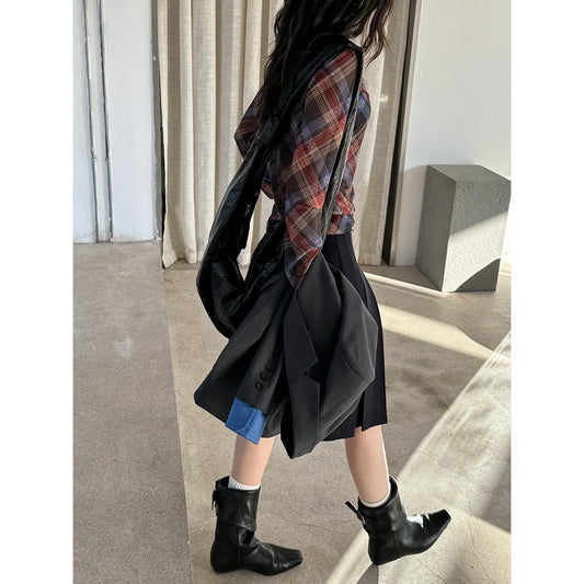 Women Clothes American Style Plaid Mesh T-shirt 2025 Spring Design Spice Girls Pleated Slimming Fashionable Casual Top