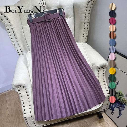 Beiyingni Women's Skirt Belt Casual Fashion Midi Long Pleated Skirts Ladies High Waist Retro Spring Summer Faldas Female 2025
