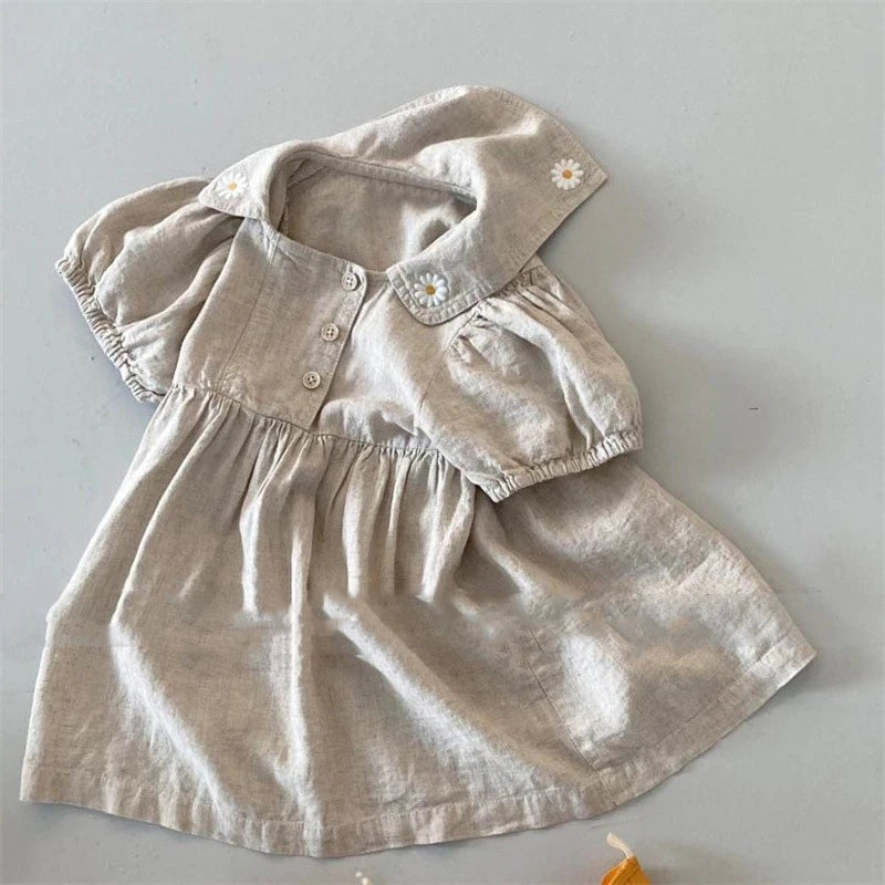 New Summer Girls' Baby Dress Campus Style Flower Embroidery Lapel Bubble Short Sleeve Denim Dress Student Clothes Children Dress