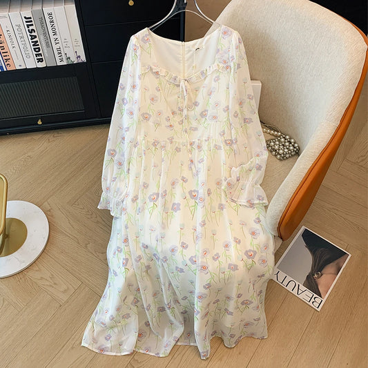 Spring and autumn plus size women's new casual French chiffon floral dress sweet wind loose comfortable home long-sleeved dress