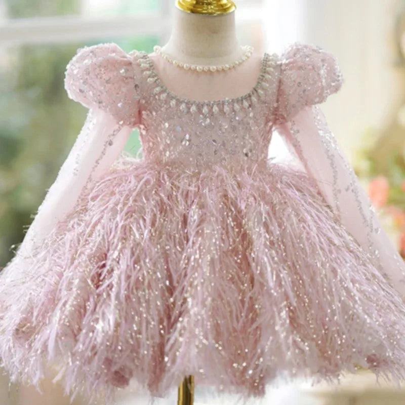 Fashion kids Girl Sequins Feather Dress Puffy Sleeve Pearl Vestido 2-14Y