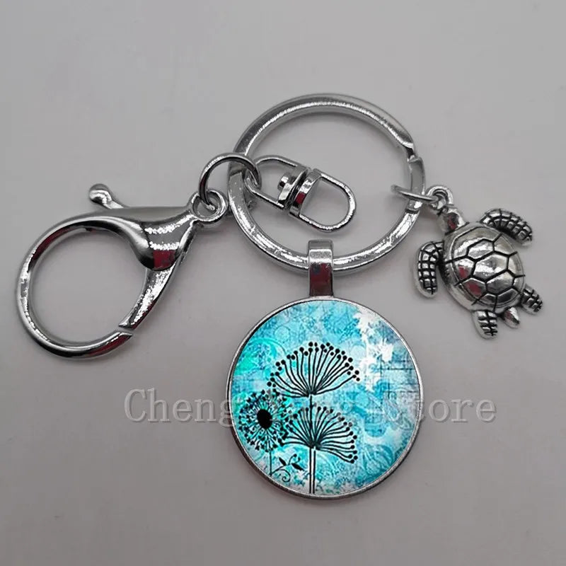 Marine life jewelry turtle dolphin shell keychain key ring glass convex round keychain charm turtle pendant Christmas gift