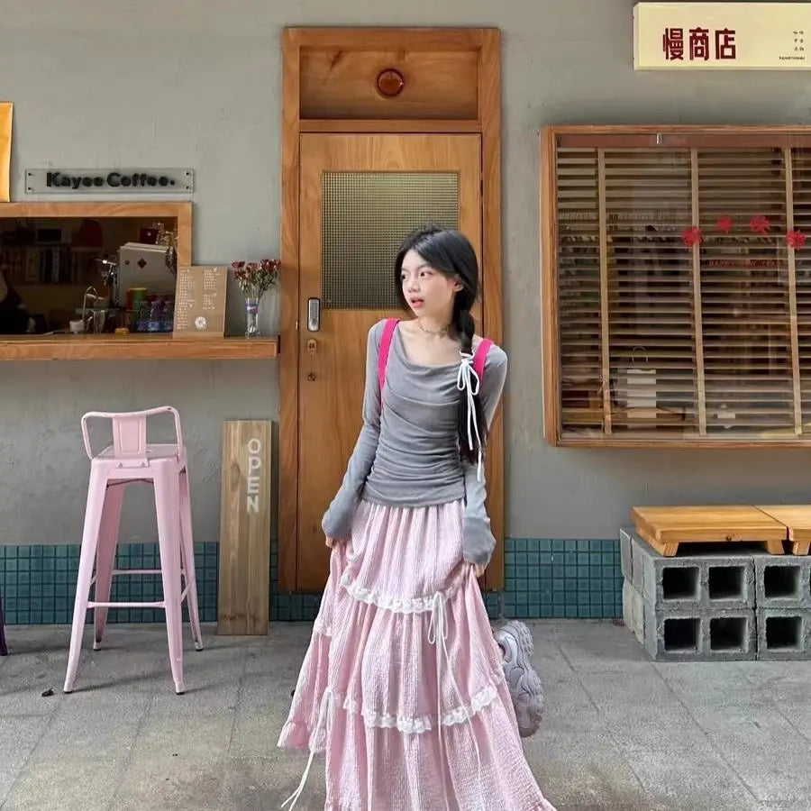 Wedbleser Fashion 2025 Sweet Ballet Style French Petite Outfit Slim Fit Gray Top Pink High Waisted Long Skirt Two-piece Set clothes