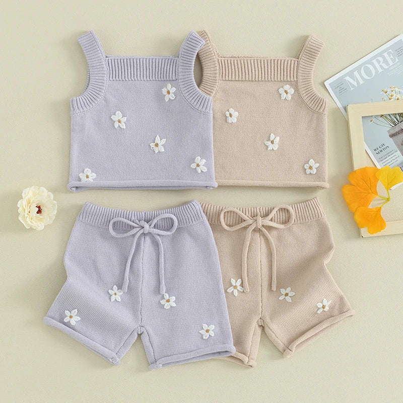 Kleinkind Baby Mädchen 2Pcs Outfit Sommer Floral Ärmelloses Strick Tank Leibchen Top Elastische Kordelzug Shorts Set Boho Kinder Kleidung