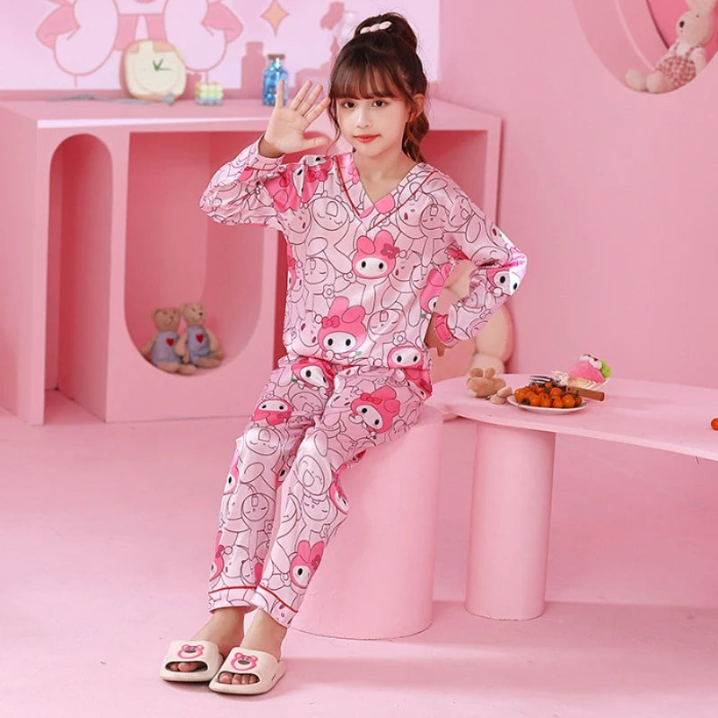Ice Silk Long-sleeved Trousers Loose and Thin Simulated Silk Home Clothes Pajama Pyjamas Sleepwear Robe Children's Clothing Kids