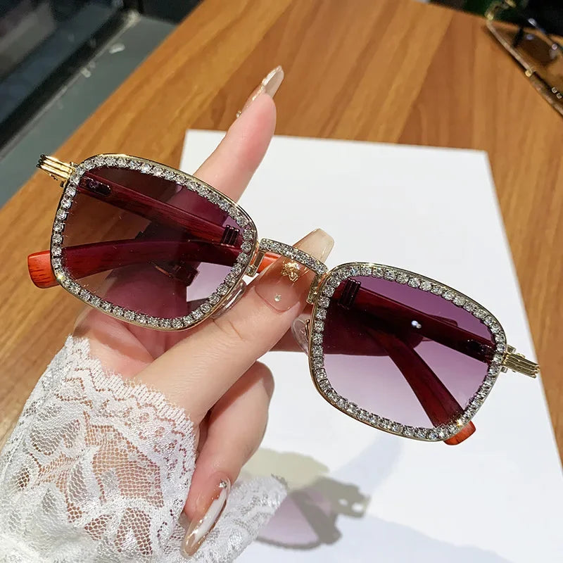 2025 Square Diamond Sunglasses for Women with A High-end Feel Imitation Wood Grain Legs Girls Sunglasses with Rhinestone