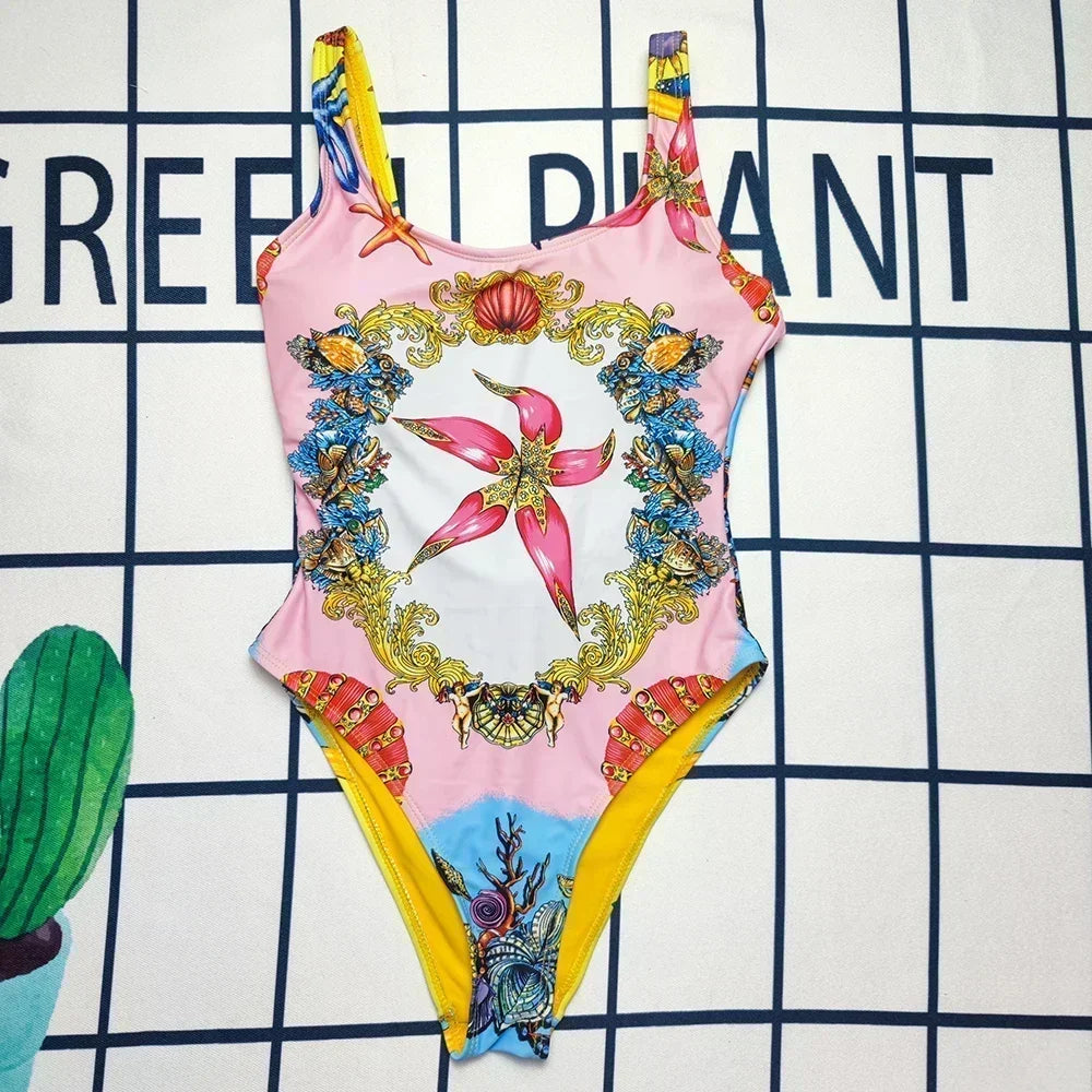 Luxury Design Women's One-piece Swimsuits Coral Flower Print Backless Camisole Swimwear Fashion Brand Women's Bikini Beachwear