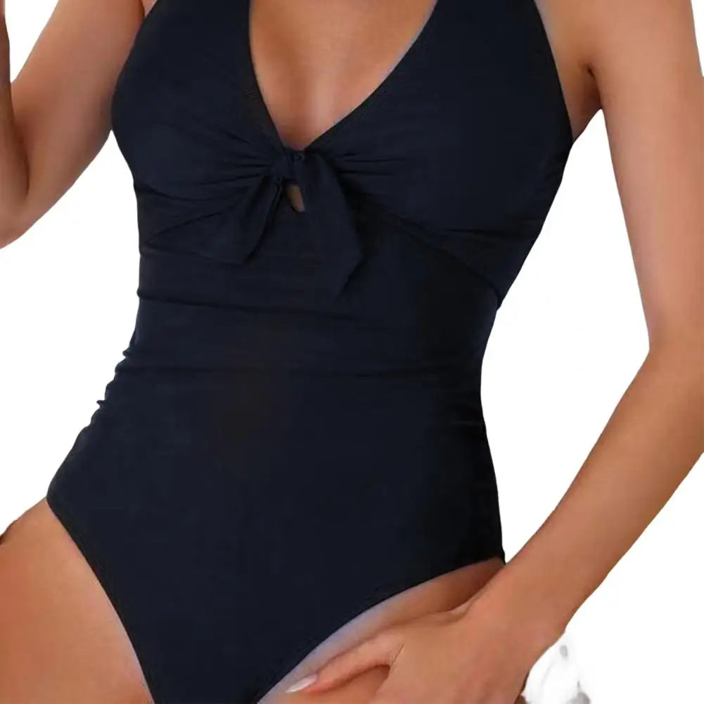 Women Fashion Solid Deep V Neck One Piece Swimsuit Women White Hollow Out Pleate Swimwear Beach Bandage Bathing Suit Monokini