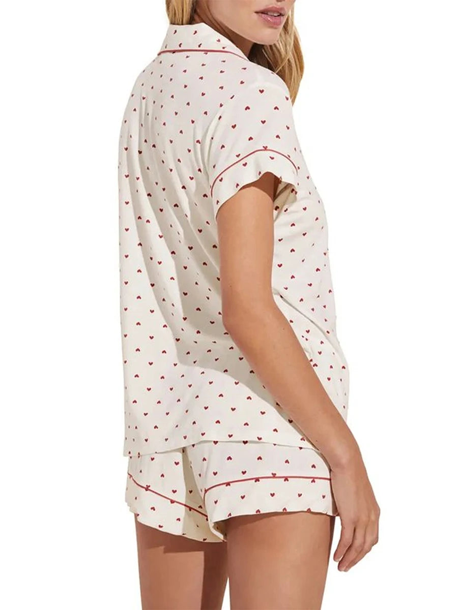 Women Pajamas Set 2 Pieces Loungewear Suits Heart Print Short Sleeve Loose Shirts Tops and Shorts Sleepwear Outfits
