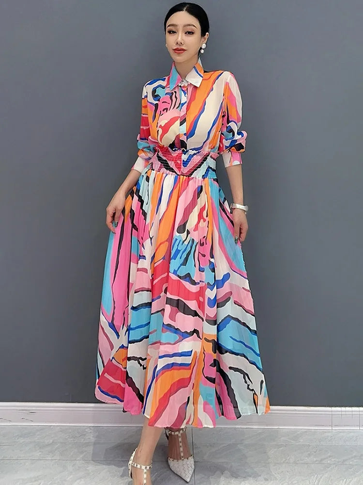 SHENGPALAE 2024 Summer New Women 2 Piece Set Printed Mid Sleeve Shirt And Large Swing Skirt Loose Fashion Female Clothes 5C7427