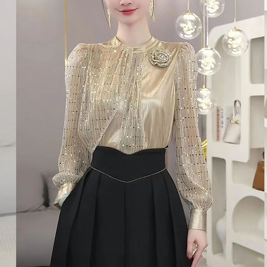Women's Stylish Luxury Sequins 3D Flower Designer Blouse Office Lady Elegant Business Casual Shirts O Neck Long Sleeve Slim Tops clothes